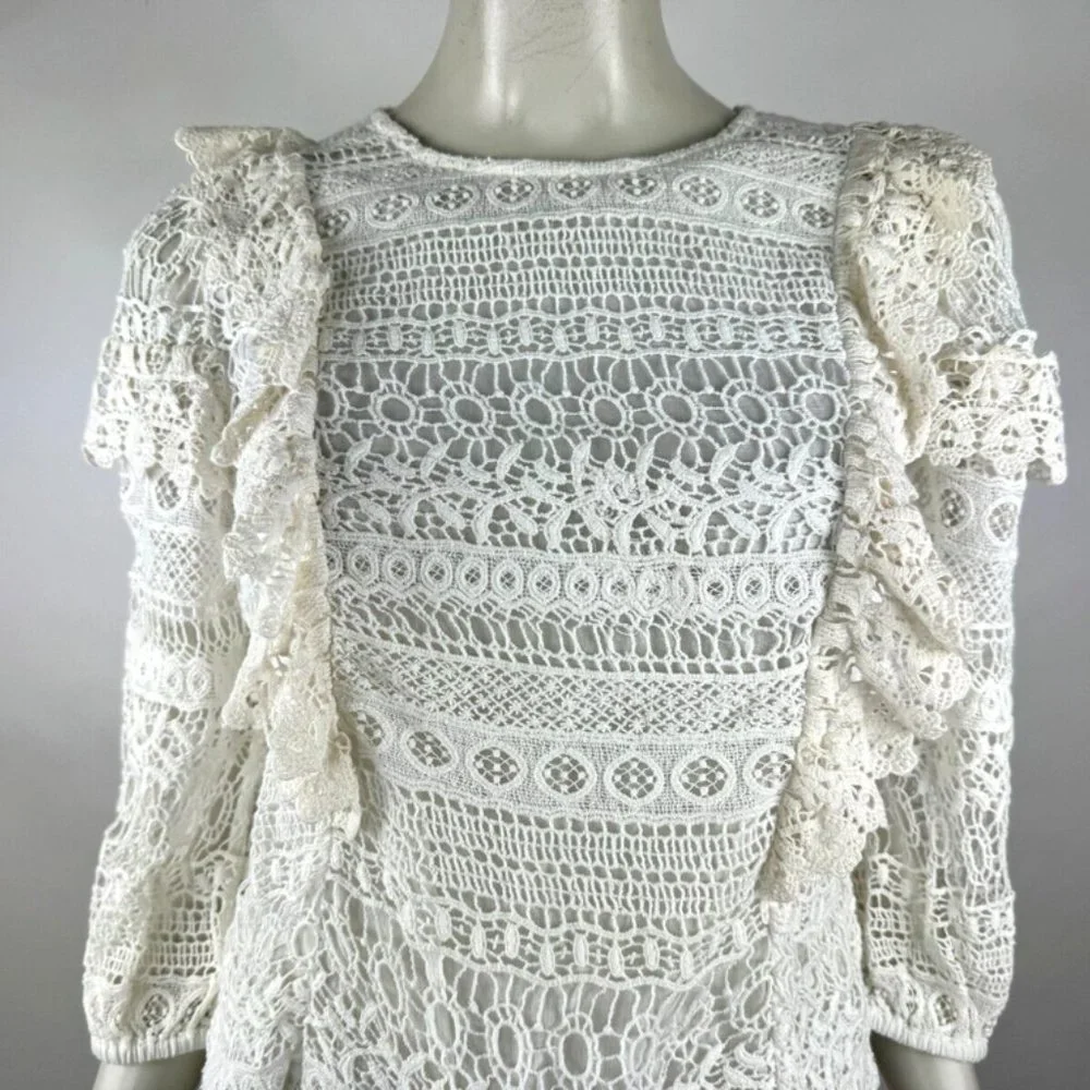 Anthropologie Seen Serena Lace Ruffle Blouse Top Women S 3/4 Sleeve Lined Cotton